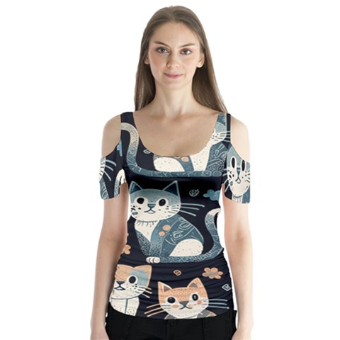 Cats Pattern Butterfly Sleeve Cutout T-shirt  by Valentinaart