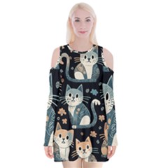 Cats Pattern Velvet Long Sleeve Shoulder Cutout Dress by Valentinaart