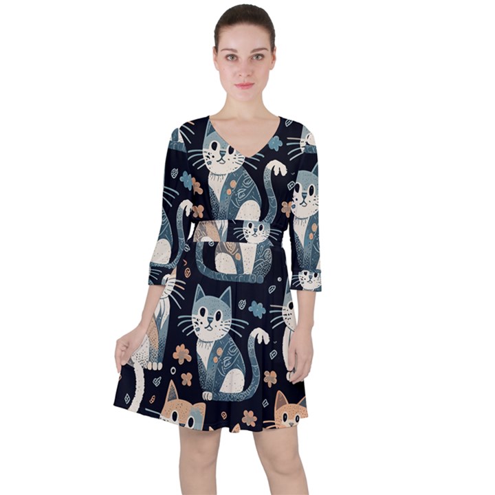 Cats pattern Quarter Sleeve Ruffle Waist Dress