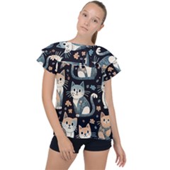 Cats Pattern Ruffle Collar Chiffon Blouse