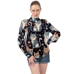 Cats Pattern High Neck Long Sleeve Chiffon Top by Valentinaart