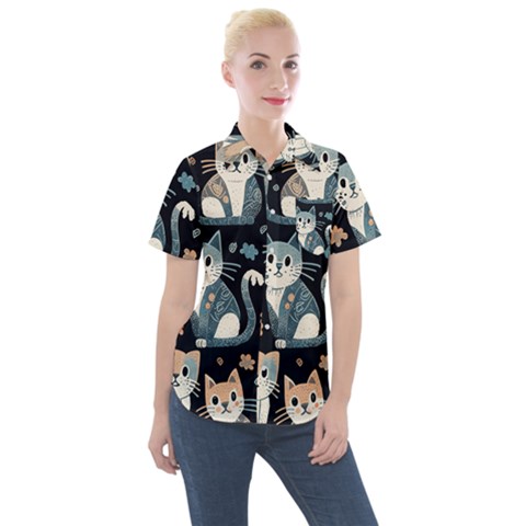 Cats Pattern Women s Short Sleeve Pocket Shirt by Valentinaart