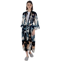 Cats Pattern Maxi Satin Kimono by Valentinaart