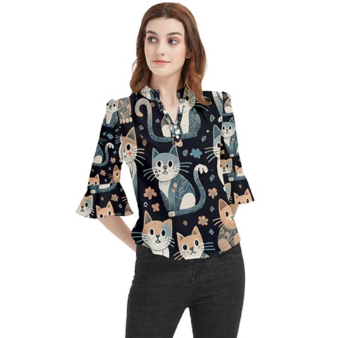 Cats Pattern Loose Horn Sleeve Chiffon Blouse by Valentinaart