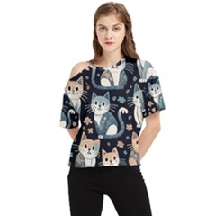 Cats Pattern One Shoulder Cut Out T-shirt by Valentinaart