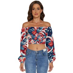 America Pattern Long Sleeve Crinkled Weave Crop Top by Valentinaart