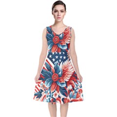 America pattern V-Neck Midi Sleeveless Dress 