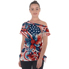 America pattern Off Shoulder Tie-Up T-Shirt