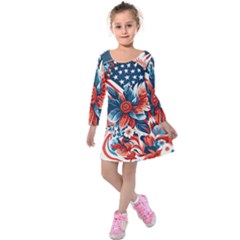 America Pattern Kids  Long Sleeve Velvet Dress by Valentinaart