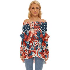 America pattern Off Shoulder Chiffon Pocket Shirt