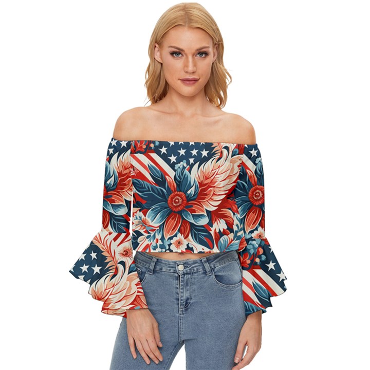 America pattern Off Shoulder Flutter Bell Sleeve Top