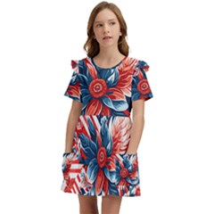 America pattern Kids  Frilly Sleeves Pocket Dress