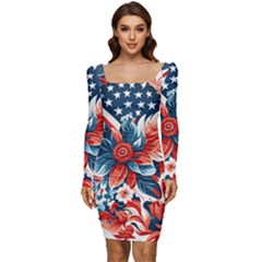 America pattern Women Long Sleeve Ruched Stretch Jersey Dress