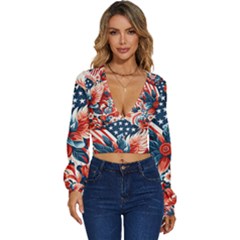 America pattern Long Sleeve Deep-V Velour Top