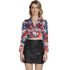 America pattern Long Sleeve Tie Back Satin Wrap Top