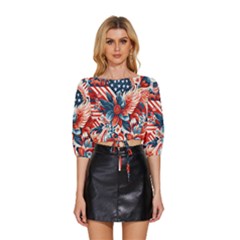 America pattern Mid Sleeve Drawstring Hem Top