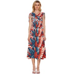 America pattern V-Neck Drawstring Shoulder Sleeveless Maxi Dress