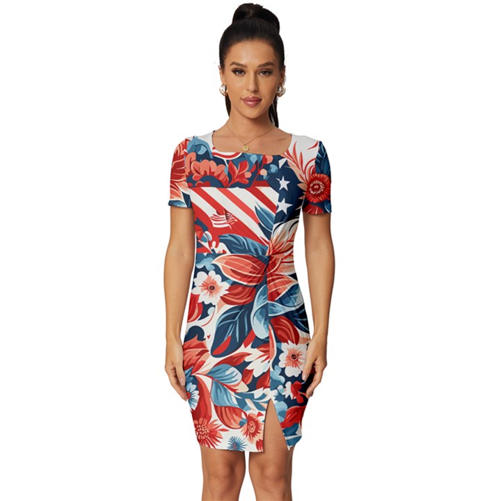 America pattern Fitted Knot Split End Bodycon Dress