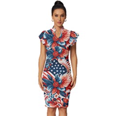 America pattern Vintage Frill Sleeve V-Neck Bodycon Dress