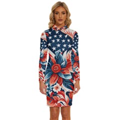 America pattern Long Sleeve Shirt Collar Bodycon Dress