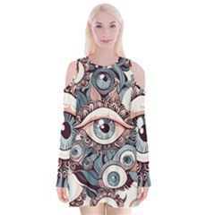 Eyes Pattern Velvet Long Sleeve Shoulder Cutout Dress