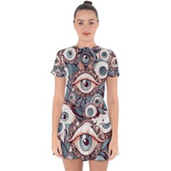 Eyes Pattern Drop Hem Mini Chiffon Dress by Valentinaart