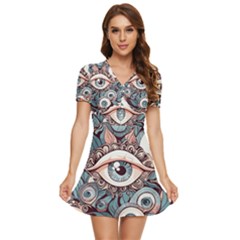 Eyes Pattern V-neck High Waist Chiffon Mini Dress by Valentinaart