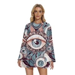 Eyes Pattern Round Neck Long Sleeve Bohemian Style Chiffon Mini Dress by Valentinaart