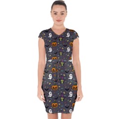 Halloween Pattern Bat Capsleeve Drawstring Dress  by Bangk1t