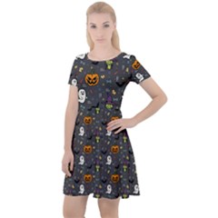 Halloween Pattern Bat Cap Sleeve Velour Dress  by Bangk1t