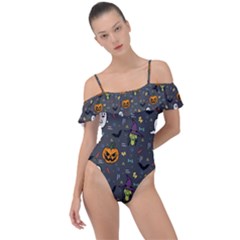 Halloween Pattern Bat Frill Detail One Piece Swimsuit by Bangk1t