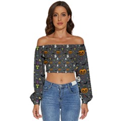 Halloween Pattern Bat Long Sleeve Crinkled Weave Crop Top by Bangk1t