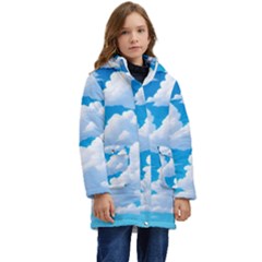 Sky Clouds Blue Cartoon Animated Kids  Hooded Longline Puffer Jacket by Bangk1t