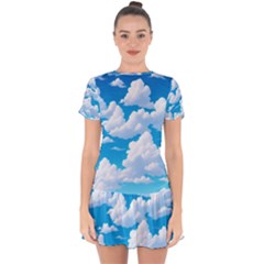 Sky Clouds Blue Cartoon Animated Drop Hem Mini Chiffon Dress by Bangk1t