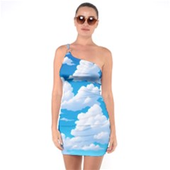 Sky Clouds Blue Cartoon Animated One Shoulder Ring Trim Bodycon Dress by Bangk1t