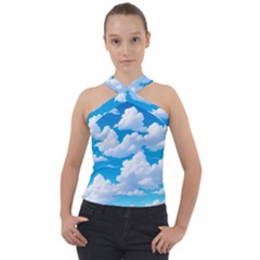 Sky Clouds Blue Cartoon Animated Cross Neck Velour Top by Bangk1t