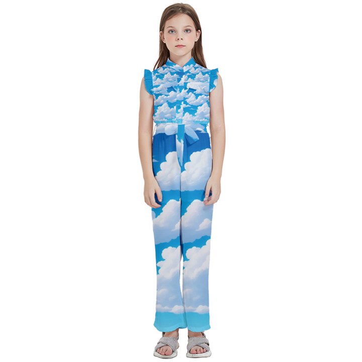 Sky Clouds Blue Cartoon Animated Kids  Sleeveless Ruffle Edge Band Collar Chiffon One Piece