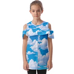 Sky Clouds Blue Cartoon Animated Fold Over Open Sleeve Top by Bangk1t