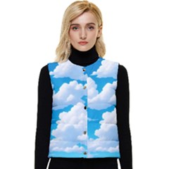 Sky Clouds Blue Cartoon Animated Women s Button Up Puffer Vest