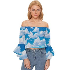 Sky Clouds Blue Cartoon Animated Off Shoulder Flutter Bell Sleeve Top