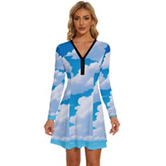 Sky Clouds Blue Cartoon Animated Long Sleeve Deep V Mini Dress  by Bangk1t