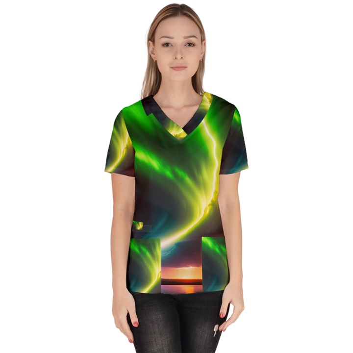 Lake Storm Neon Nature Women s V-Neck Scrub Top