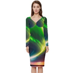 Lake Storm Neon Nature Long Sleeve V-neck Bodycon Dress  by Bangk1t