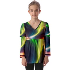 Lake Storm Neon Nature Kids  V Neck Casual Top by Bangk1t