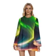 Lake Storm Neon Nature Round Neck Long Sleeve Bohemian Style Chiffon Mini Dress by Bangk1t