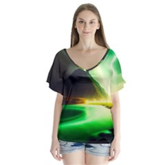 Aurora Lake Neon Colorful V-neck Flutter Sleeve Top by Bangk1t