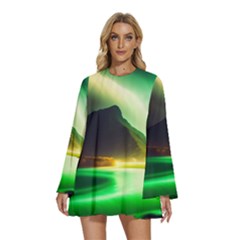 Aurora Lake Neon Colorful Round Neck Long Sleeve Bohemian Style Chiffon Mini Dress by Bangk1t