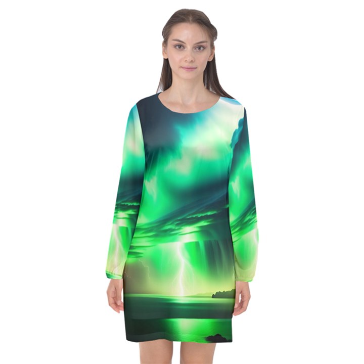 Lake Storm Neon Long Sleeve Chiffon Shift Dress 