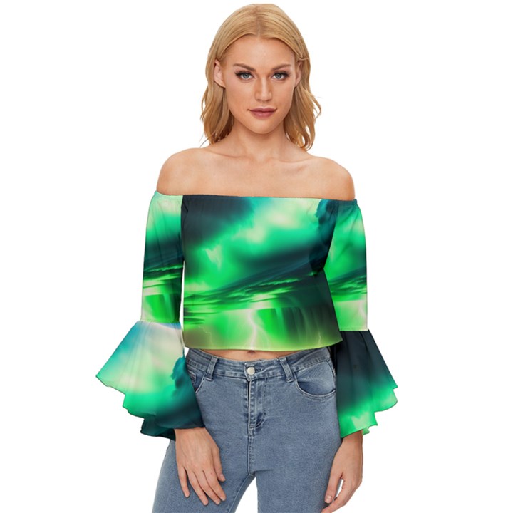 Lake Storm Neon Off Shoulder Flutter Bell Sleeve Top