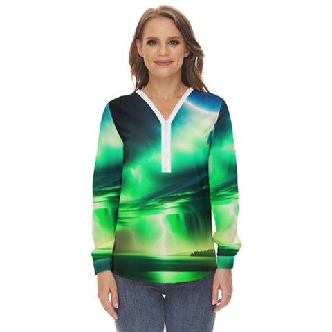 Lake Storm Neon Zip Up Long Sleeve Blouse by Bangk1t